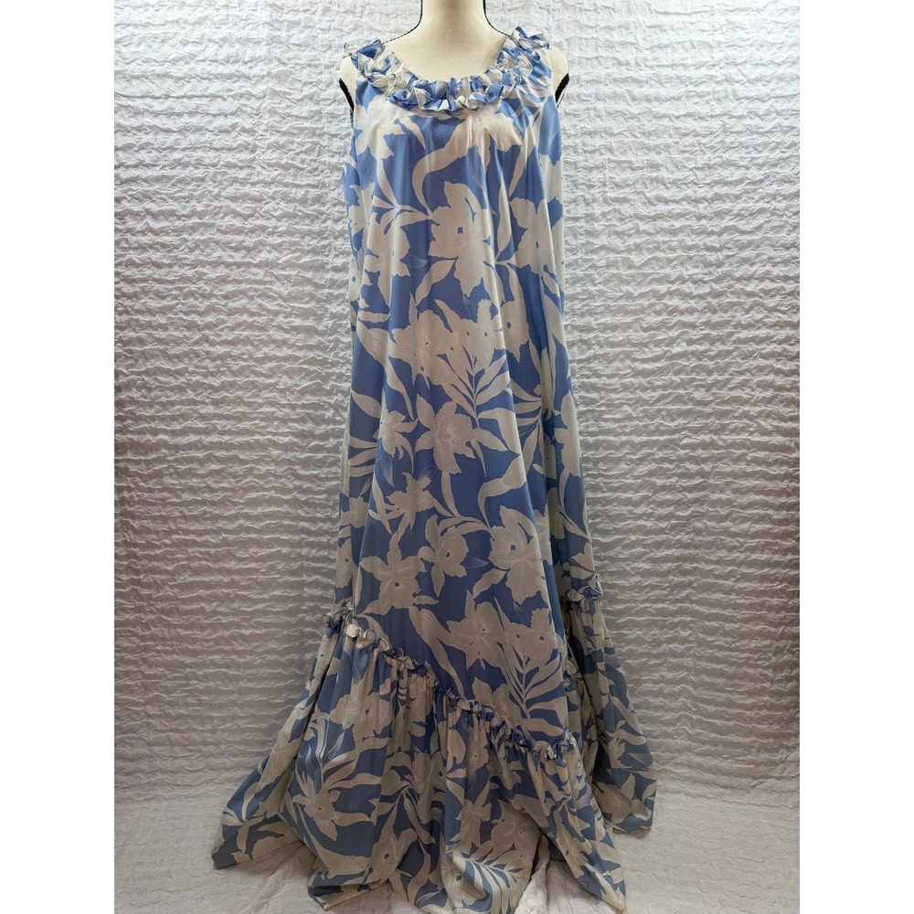 Hilo Hattie Blue White Floral Muumuu Maxi Dress Ruffle Neck Made in Hawaii